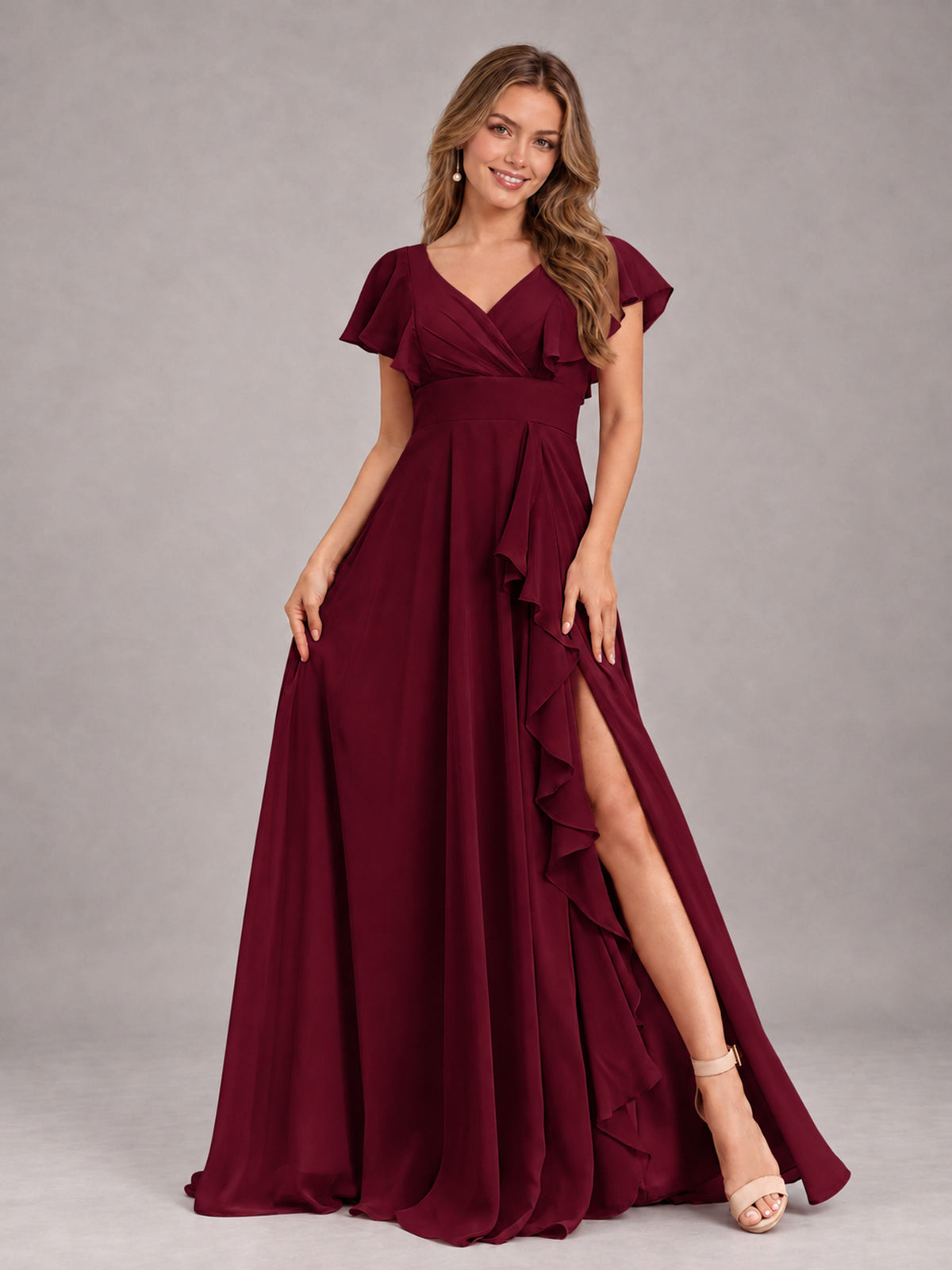 Burgundy Modest V-Neck Ruffles Floor Length Chiffon Bridesmaid Dress