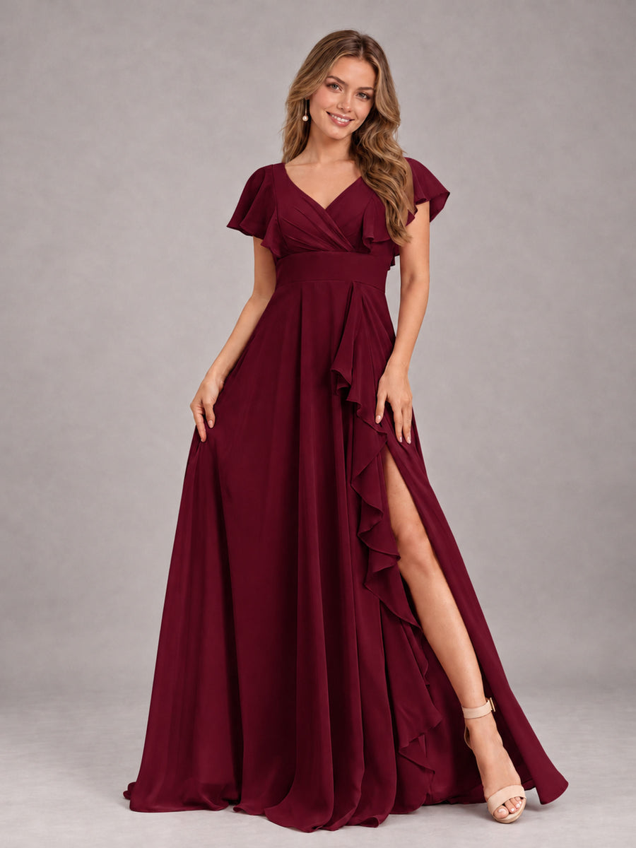 Burgundy Modest V-Neck Ruffles Floor Length Chiffon Bridesmaid Dress
