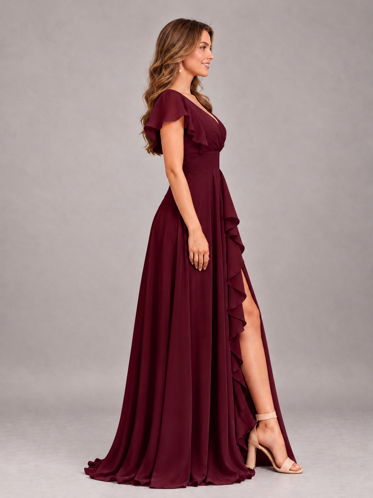 Burgundy Modest V-Neck Ruffles Floor Length Chiffon Bridesmaid Dress