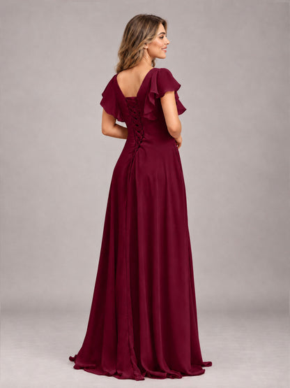 Burgundy Modest V-Neck Ruffles Floor Length Chiffon Bridesmaid Dress