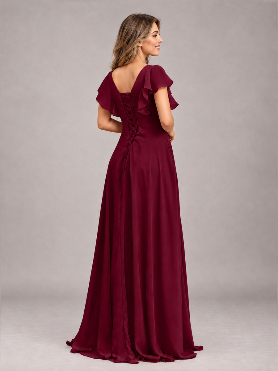 Burgundy Modest V-Neck Ruffles Floor Length Chiffon Bridesmaid Dress