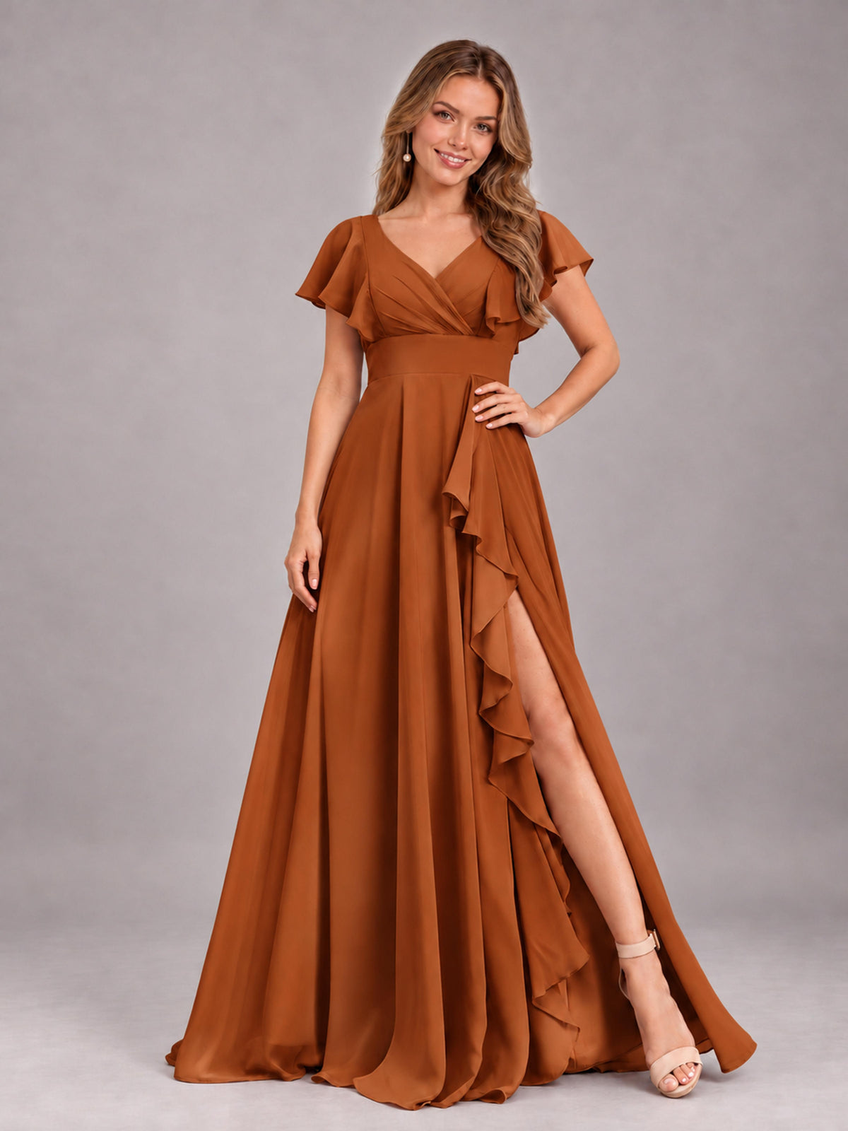 Burnt Orange Modest V-Neck Ruffles Floor Length Chiffon Bridesmaid Dress