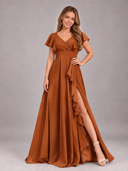 Burnt Orange Modest V-Neck Ruffles Floor Length Chiffon Bridesmaid Dress