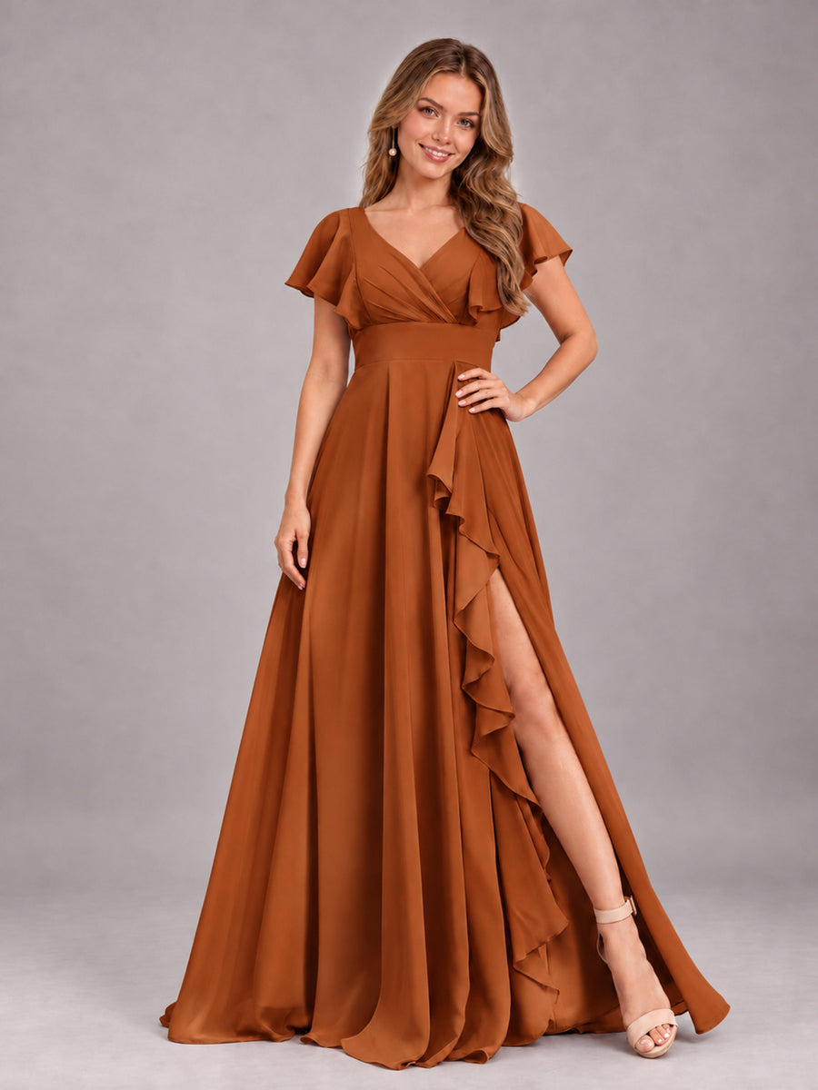 Burnt Orange Modest V-Neck Ruffles Floor Length Chiffon Bridesmaid Dress