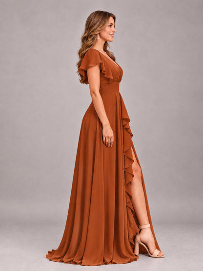 Burnt Orange Modest V-Neck Ruffles Floor Length Chiffon Bridesmaid Dress