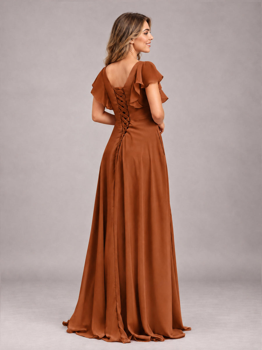 Burnt Orange Modest V-Neck Ruffles Floor Length Chiffon Bridesmaid Dress