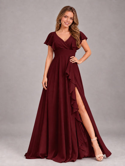 Cabernet Modest V-Neck Ruffles Floor Length Chiffon Bridesmaid Dress