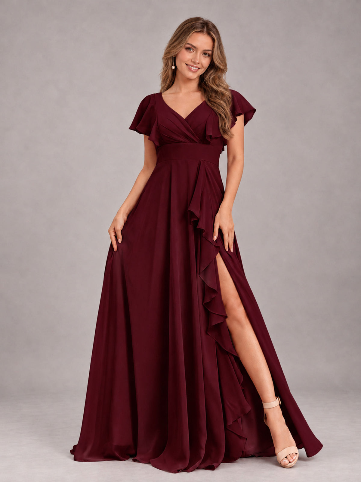 Cabernet Modest V-Neck Ruffles Floor Length Chiffon Bridesmaid Dress