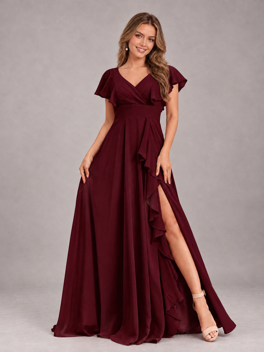 Cabernet Modest V-Neck Ruffles Floor Length Chiffon Bridesmaid Dress