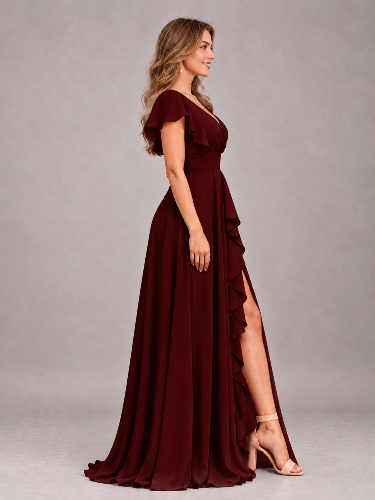 Cabernet Modest V-Neck Ruffles Floor Length Chiffon Bridesmaid Dress