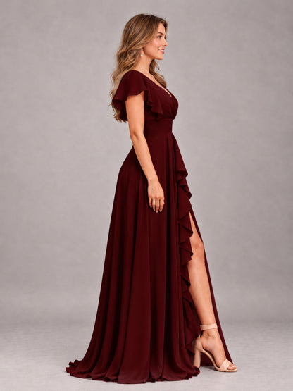 Cabernet Modest V-Neck Ruffles Floor Length Chiffon Bridesmaid Dress
