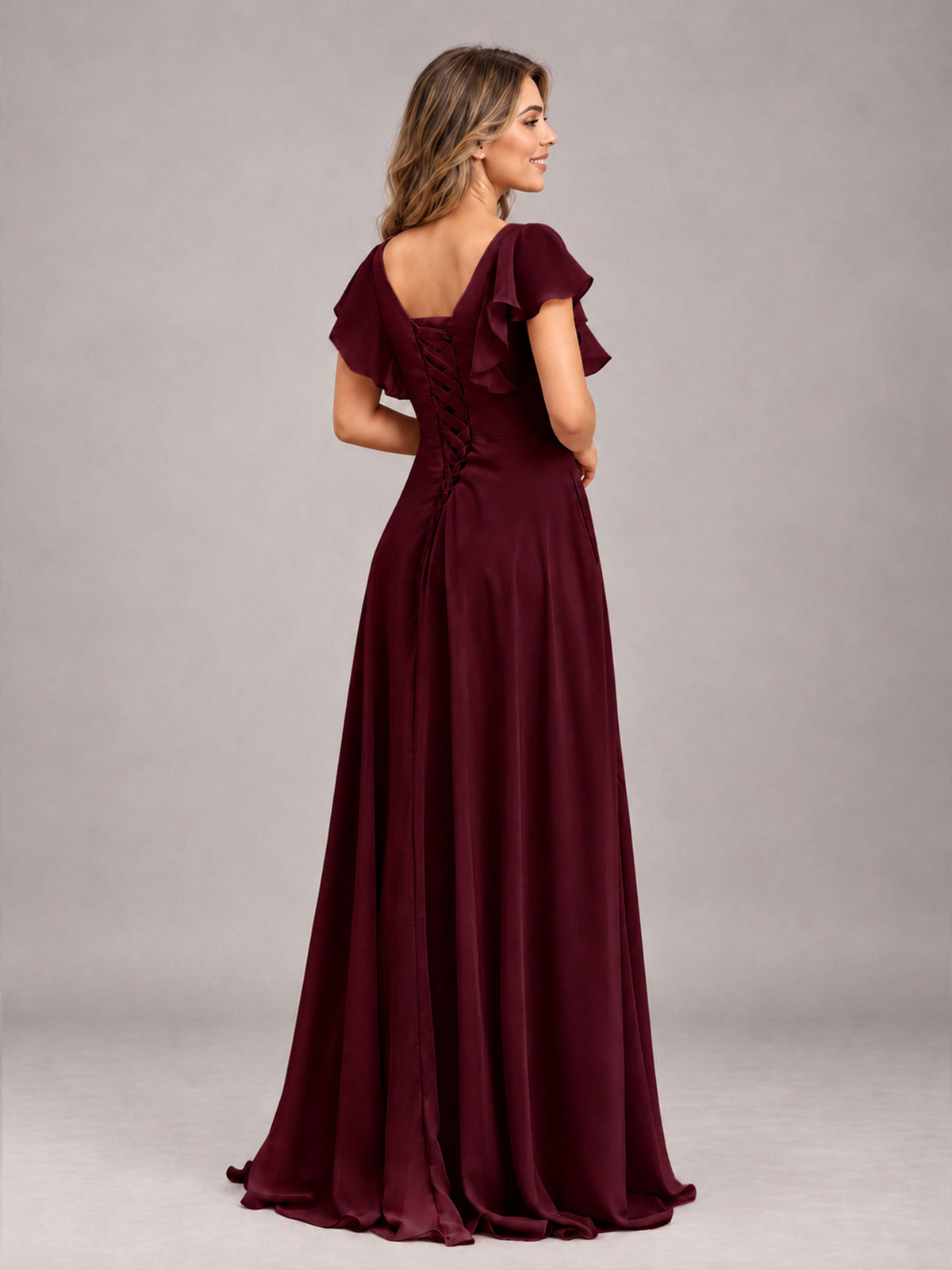 Cabernet Modest V-Neck Ruffles Floor Length Chiffon Bridesmaid Dress