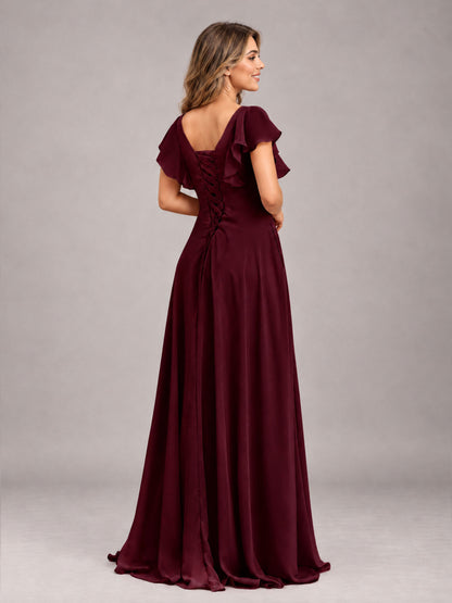 Cabernet Modest V-Neck Ruffles Floor Length Chiffon Bridesmaid Dress