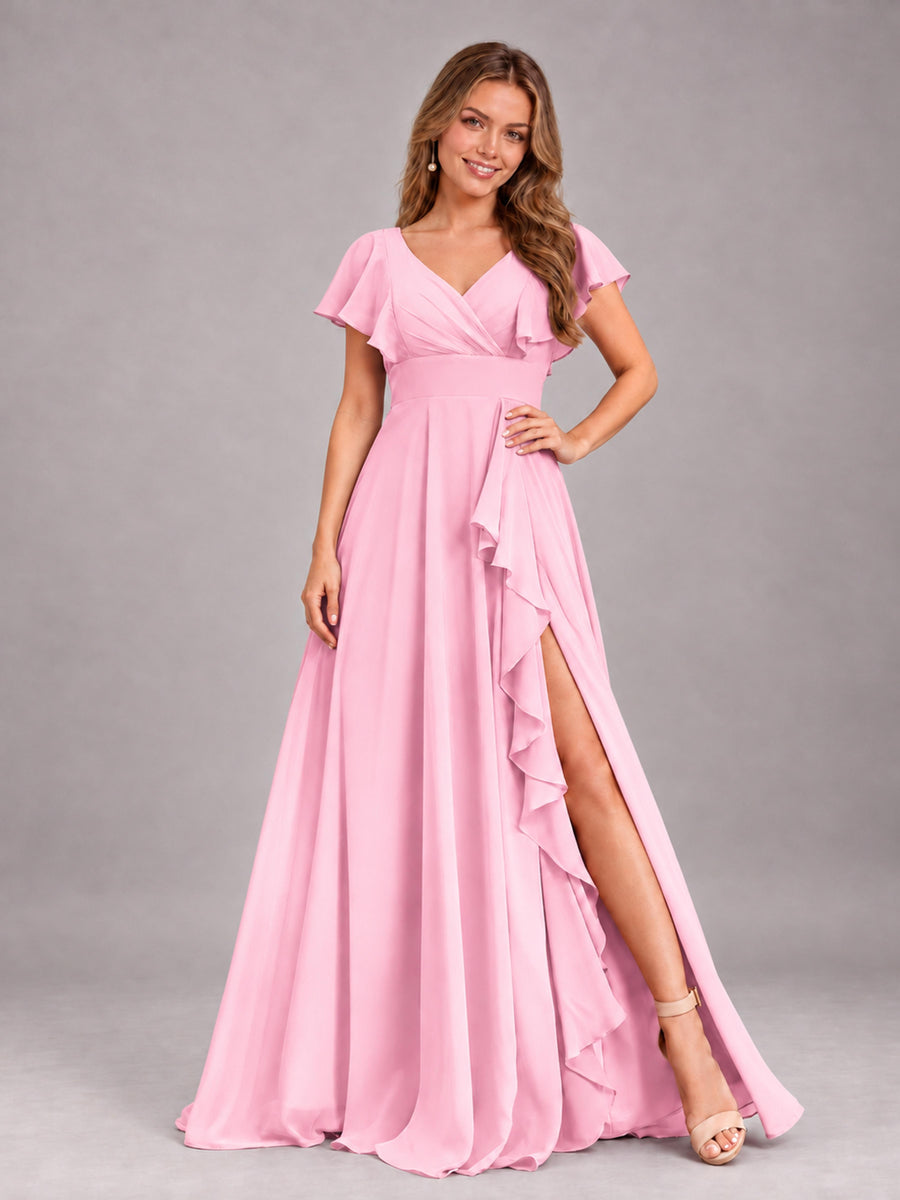 Candy Pink Modest V-Neck Ruffles Floor Length Chiffon Bridesmaid Dress
