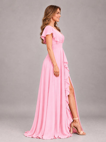 Candy Pink Modest V-Neck Ruffles Floor Length Chiffon Bridesmaid Dress