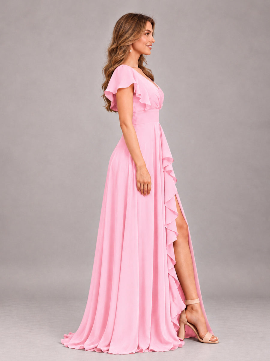 Candy Pink Modest V-Neck Ruffles Floor Length Chiffon Bridesmaid Dress