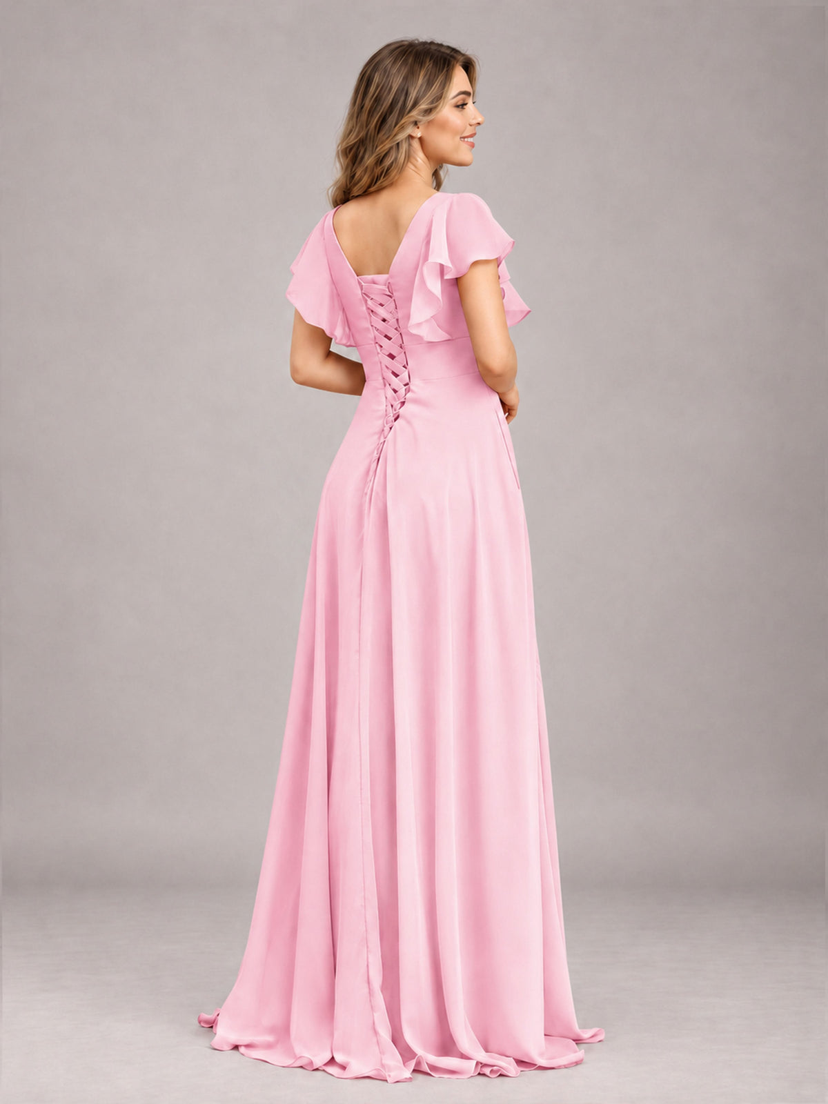 Candy Pink Modest V-Neck Ruffles Floor Length Chiffon Bridesmaid Dress