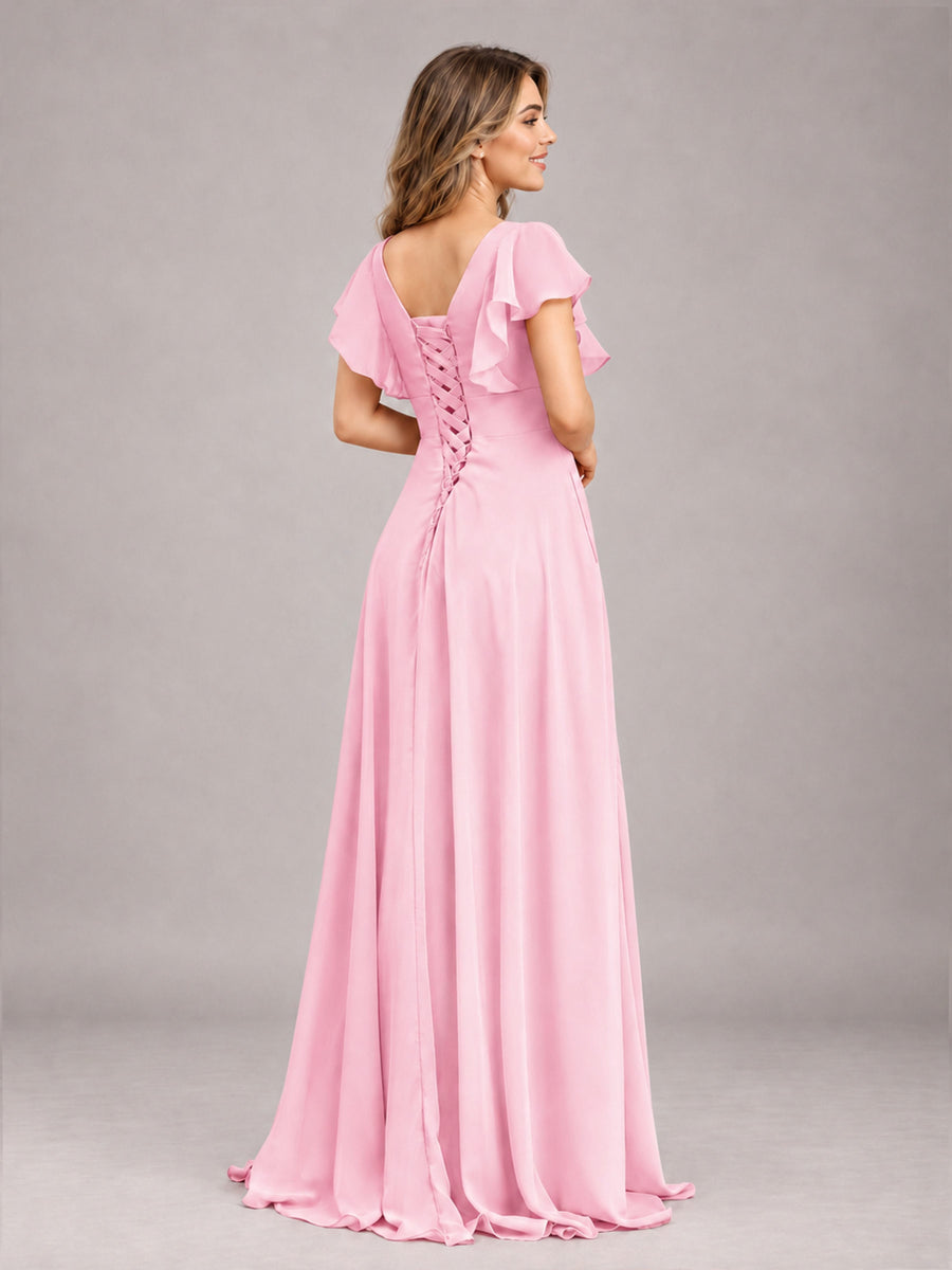 Candy Pink Modest V-Neck Ruffles Floor Length Chiffon Bridesmaid Dress