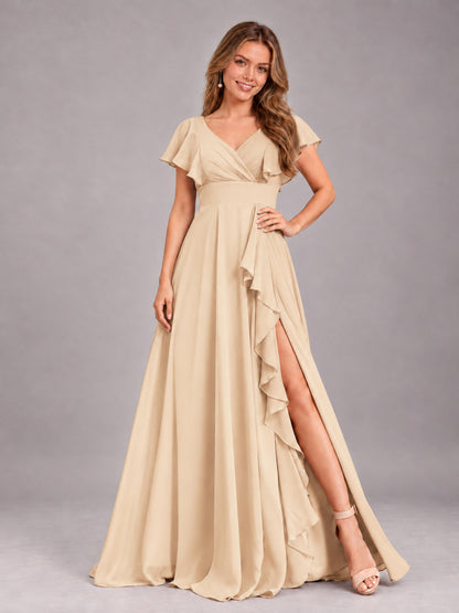 Champagne Modest V-Neck Ruffles Floor Length Chiffon Bridesmaid Dress