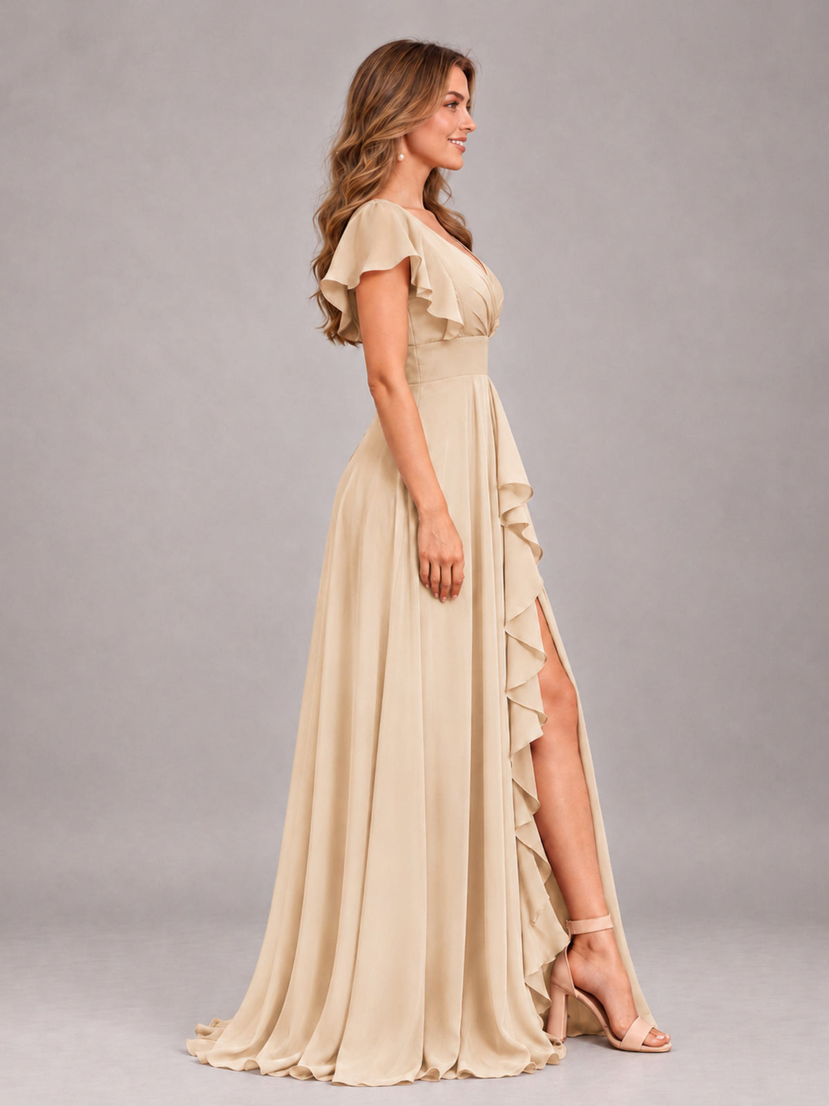 Champagne Modest V-Neck Ruffles Floor Length Chiffon Bridesmaid Dress