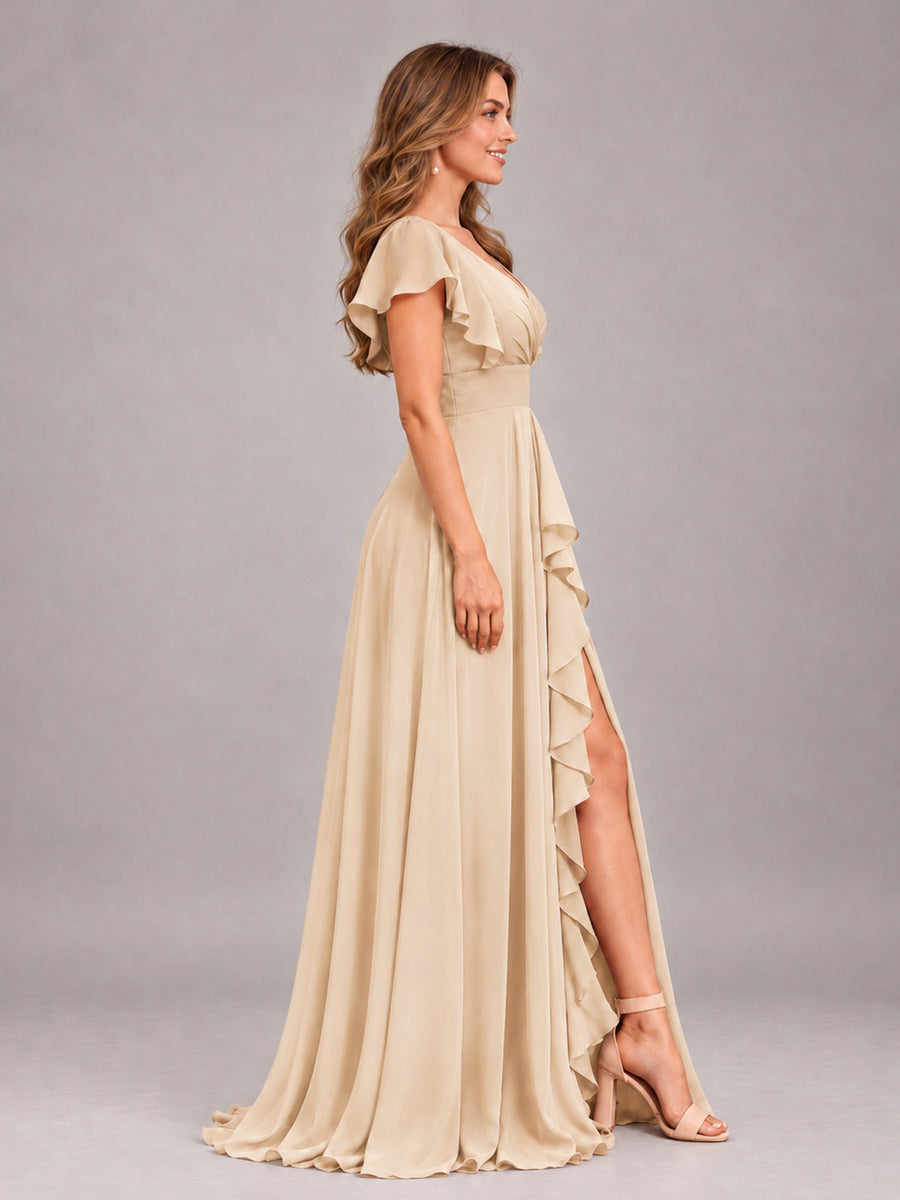 Champagne Modest V-Neck Ruffles Floor Length Chiffon Bridesmaid Dress