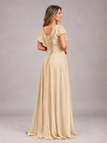 Champagne Modest V-Neck Ruffles Floor Length Chiffon Bridesmaid Dress