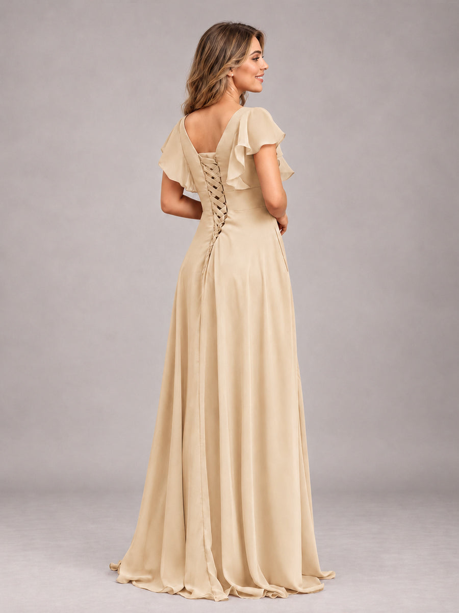 Champagne Modest V-Neck Ruffles Floor Length Chiffon Bridesmaid Dress