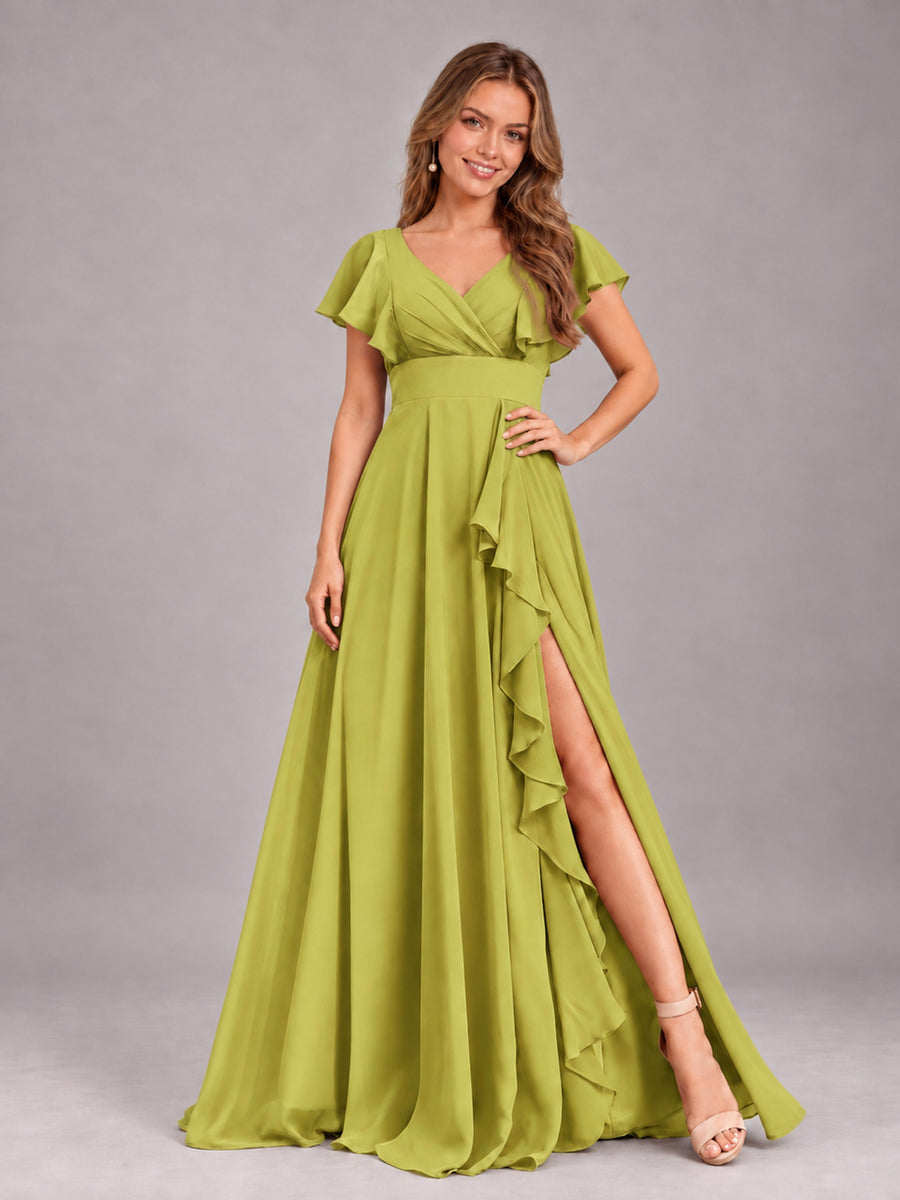 Chartreuse Modest V-Neck Ruffles Floor Length Chiffon Bridesmaid Dress