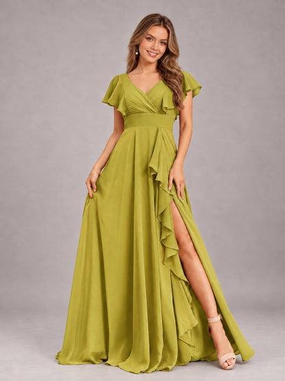 Chartreuse Modest V-Neck Ruffles Floor Length Chiffon Bridesmaid Dress