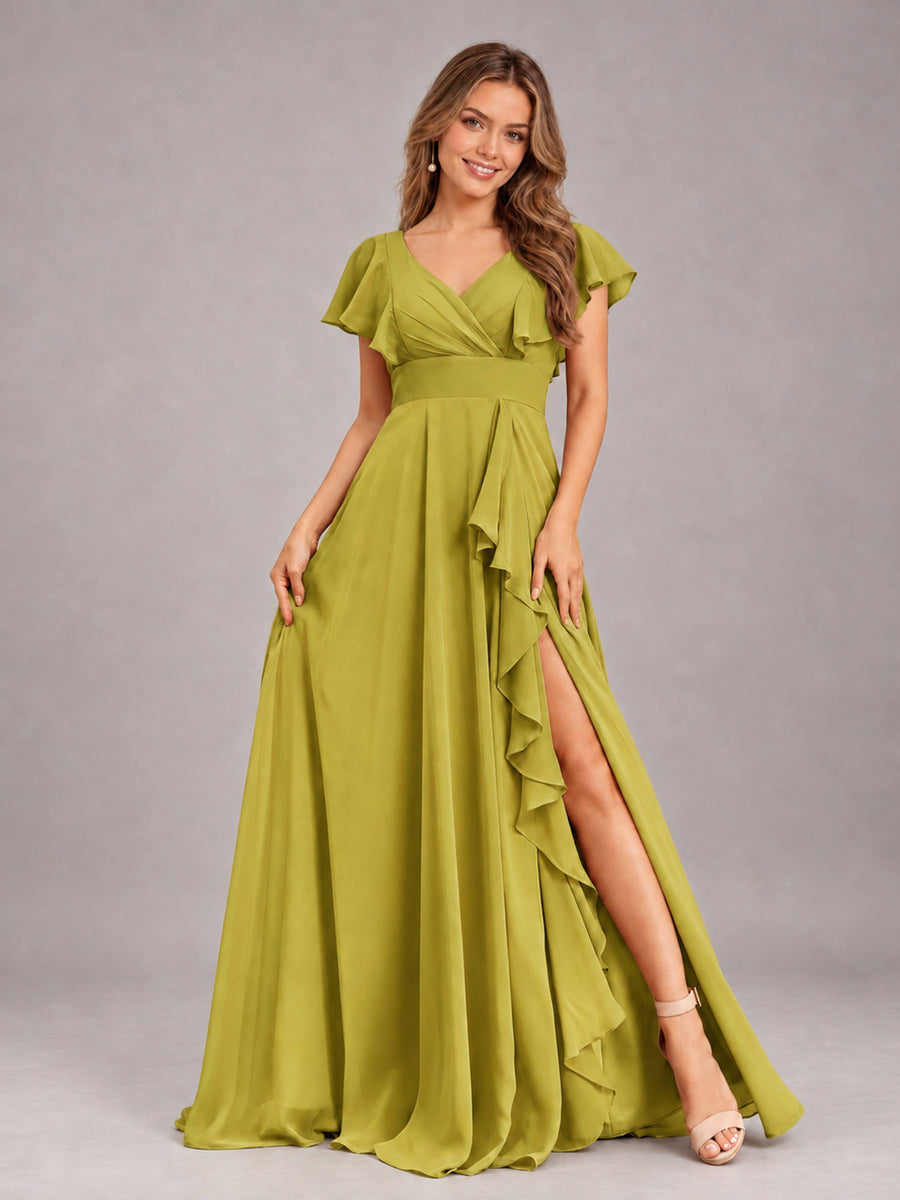 Chartreuse Modest V-Neck Ruffles Floor Length Chiffon Bridesmaid Dress