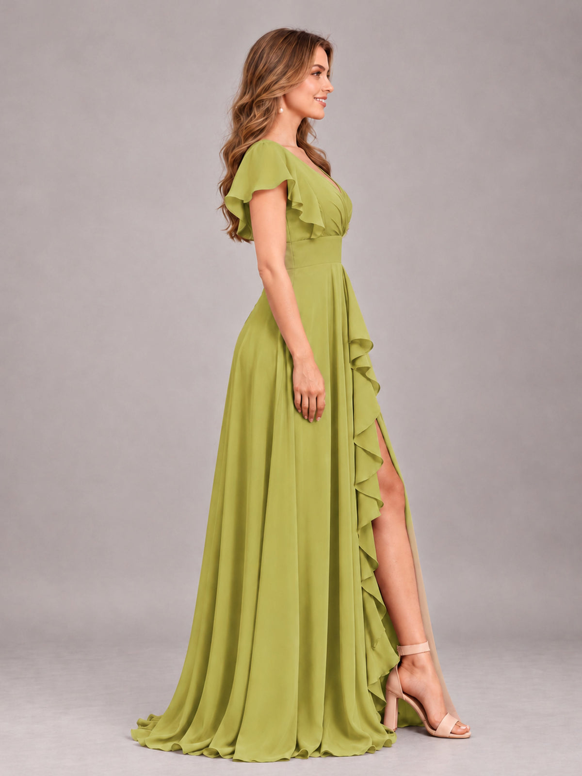 Chartreuse Modest V-Neck Ruffles Floor Length Chiffon Bridesmaid Dress