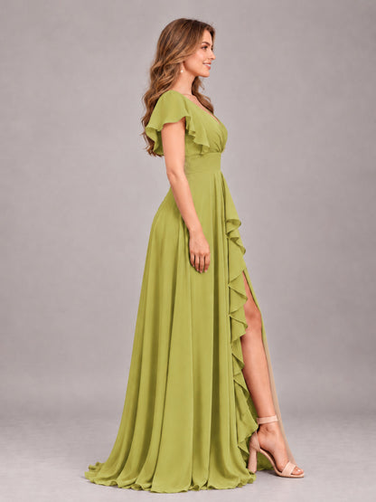 Chartreuse Modest V-Neck Ruffles Floor Length Chiffon Bridesmaid Dress