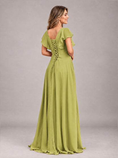 Chartreuse Modest V-Neck Ruffles Floor Length Chiffon Bridesmaid Dress