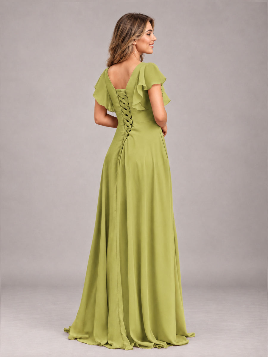 Chartreuse Modest V-Neck Ruffles Floor Length Chiffon Bridesmaid Dress