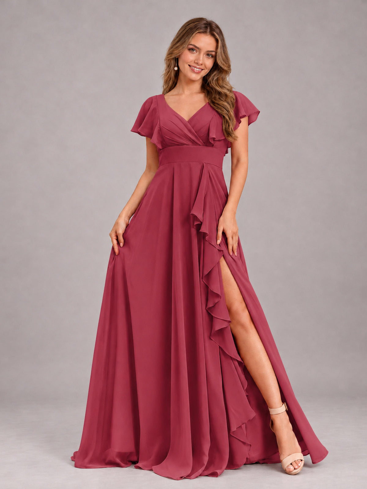 Cinnamon Rose Modest V-Neck Ruffles Floor Length Chiffon Bridesmaid Dress