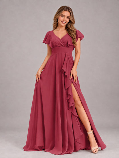 Cinnamon Rose Modest V-Neck Ruffles Floor Length Chiffon Bridesmaid Dress