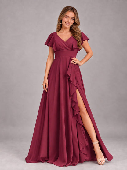 Cinnamon Rose Modest V-Neck Ruffles Floor Length Chiffon Bridesmaid Dress