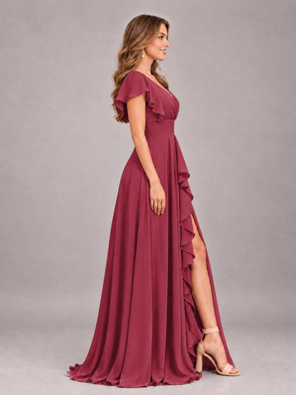 Cinnamon Rose Modest V-Neck Ruffles Floor Length Chiffon Bridesmaid Dress