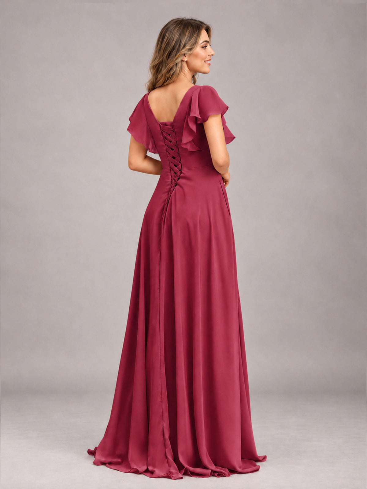 Cinnamon Rose Modest V-Neck Ruffles Floor Length Chiffon Bridesmaid Dress