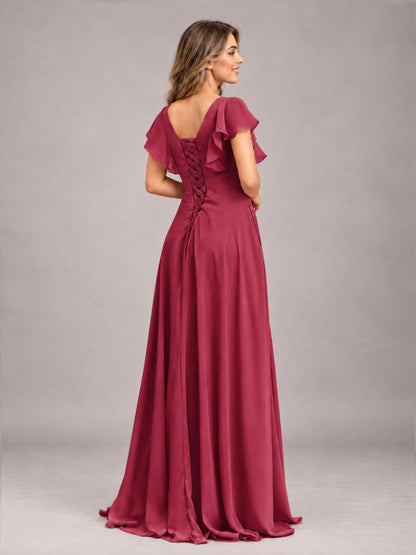 Cinnamon Rose Modest V-Neck Ruffles Floor Length Chiffon Bridesmaid Dress