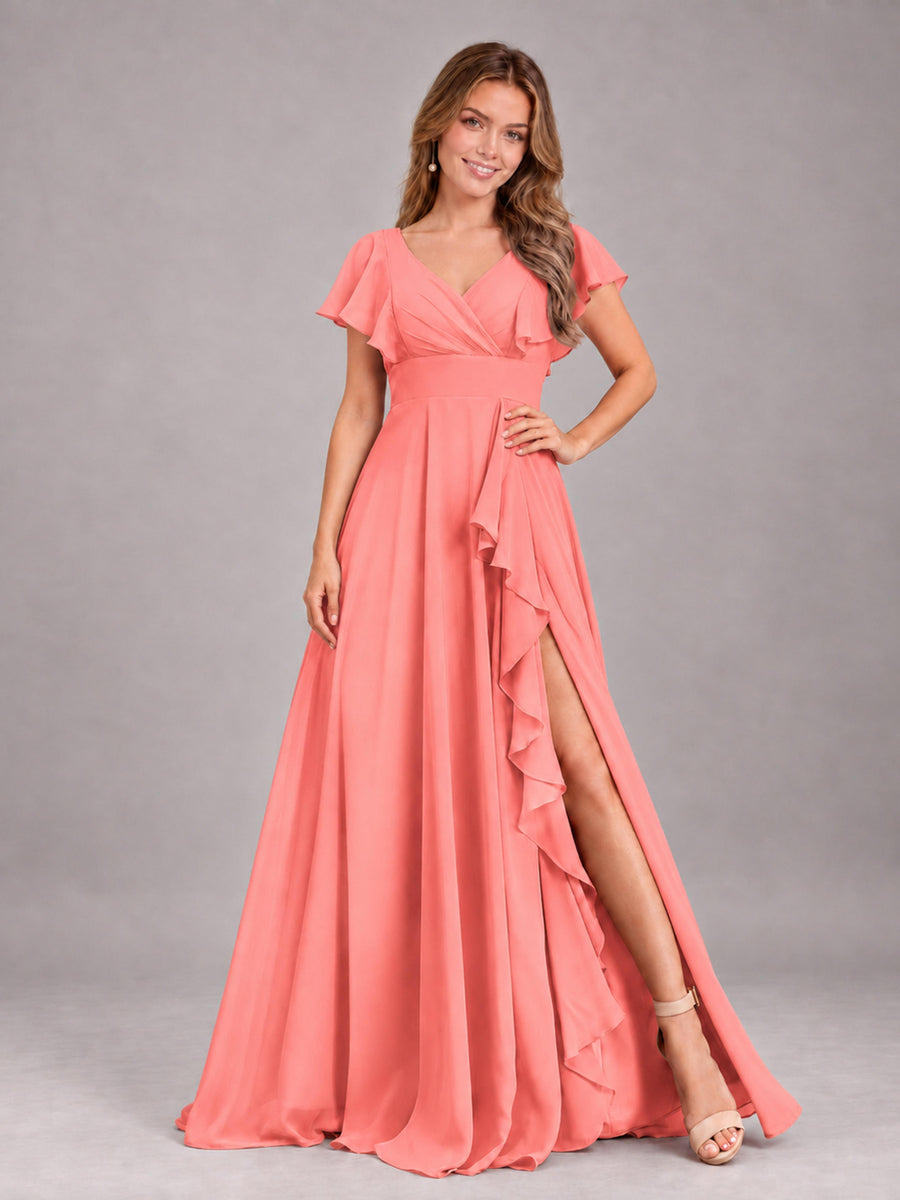 Coral Modest V-Neck Ruffles Floor Length Chiffon Bridesmaid Dress