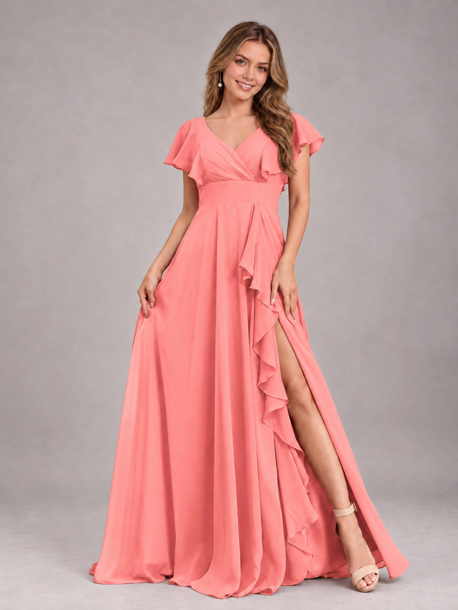 Coral Modest V-Neck Ruffles Floor Length Chiffon Bridesmaid Dress