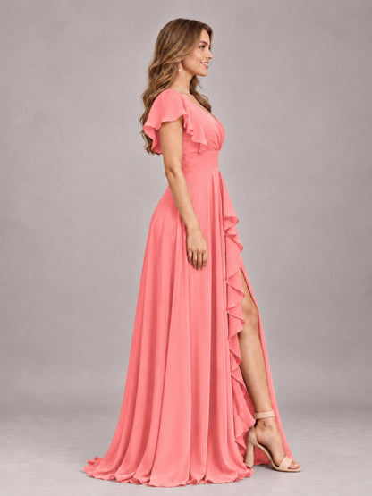 Coral Modest V-Neck Ruffles Floor Length Chiffon Bridesmaid Dress