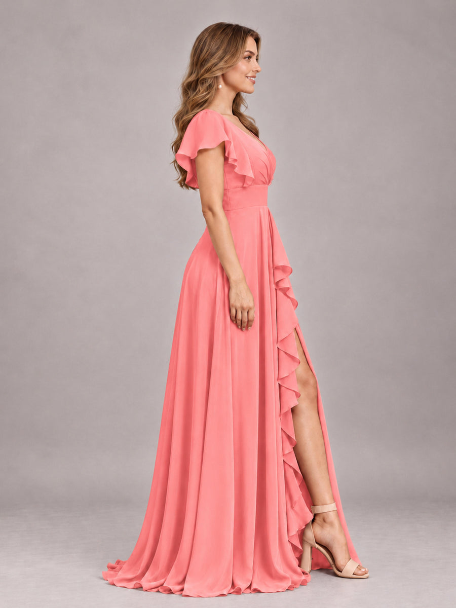 Coral Modest V-Neck Ruffles Floor Length Chiffon Bridesmaid Dress