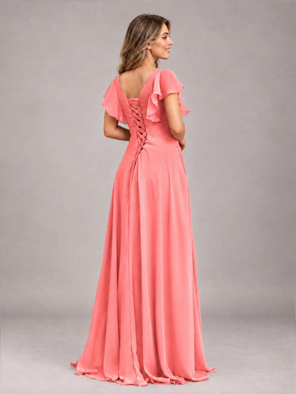 Coral Modest V-Neck Ruffles Floor Length Chiffon Bridesmaid Dress