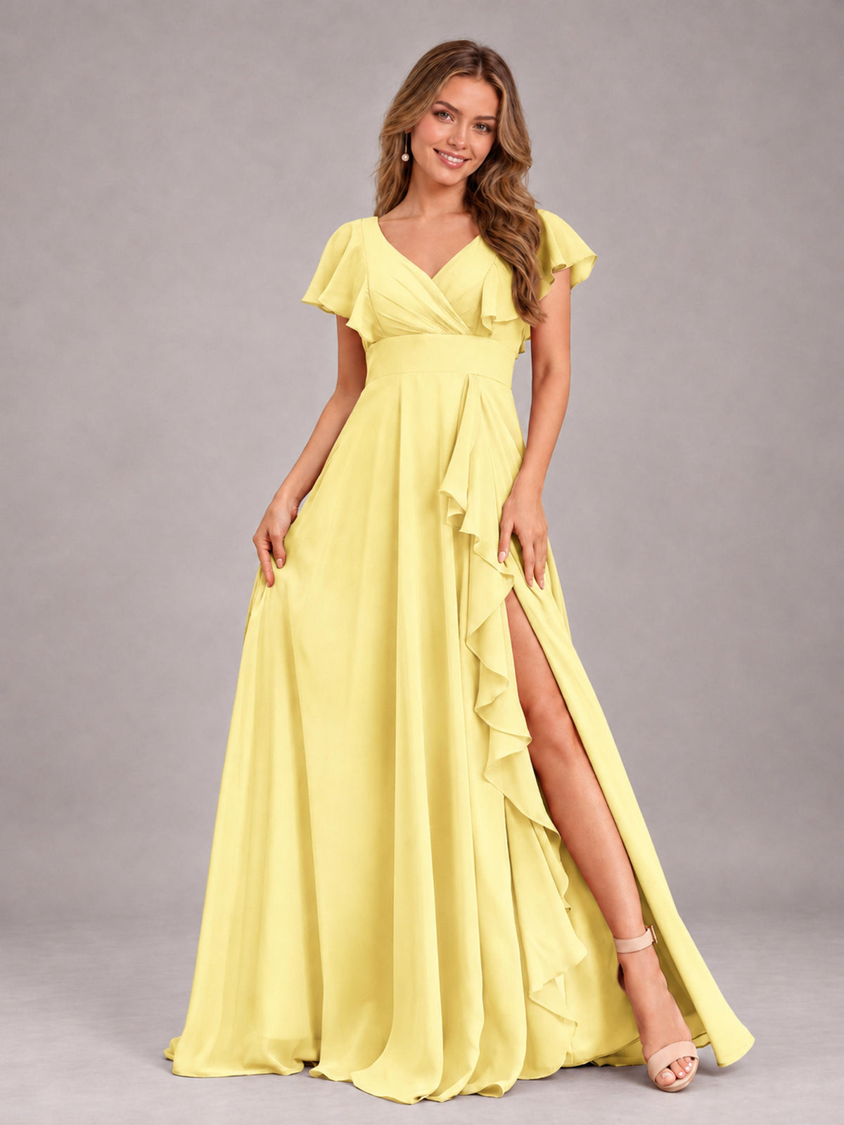 Daffodil Modest V-Neck Ruffles Floor Length Chiffon Bridesmaid Dress