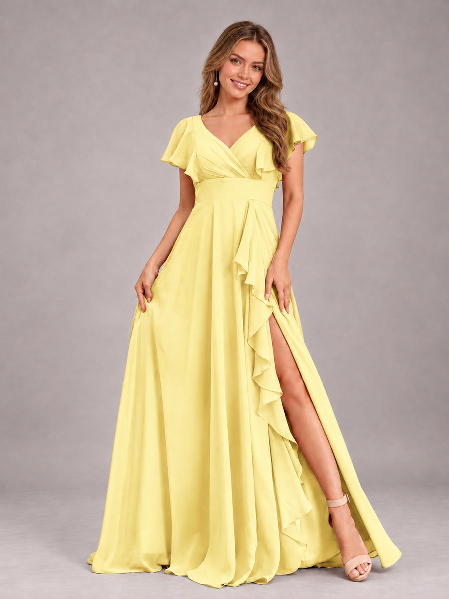 Daffodil Modest V-Neck Ruffles Floor Length Chiffon Bridesmaid Dress