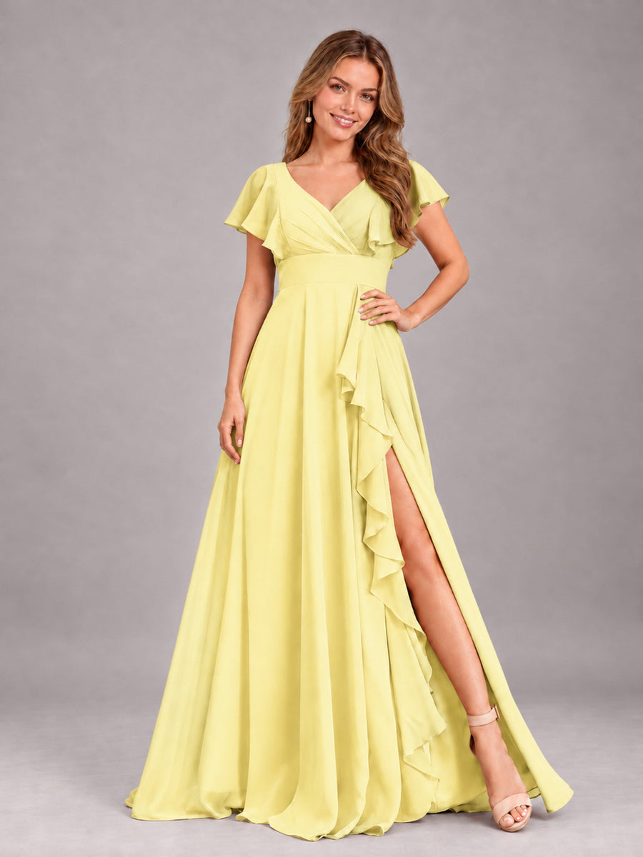 Daffodil Modest V-Neck Ruffles Floor Length Chiffon Bridesmaid Dress