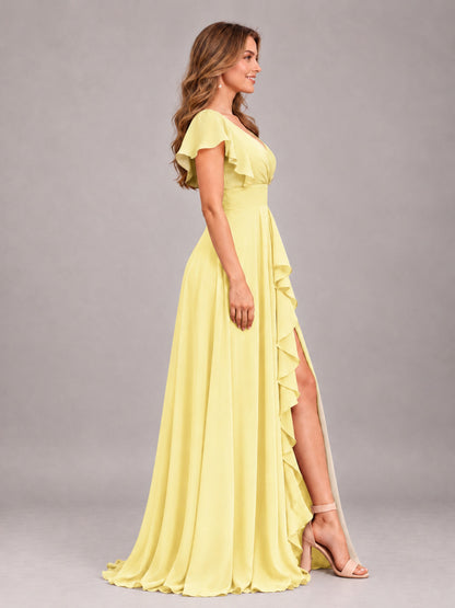 Daffodil Modest V-Neck Ruffles Floor Length Chiffon Bridesmaid Dress
