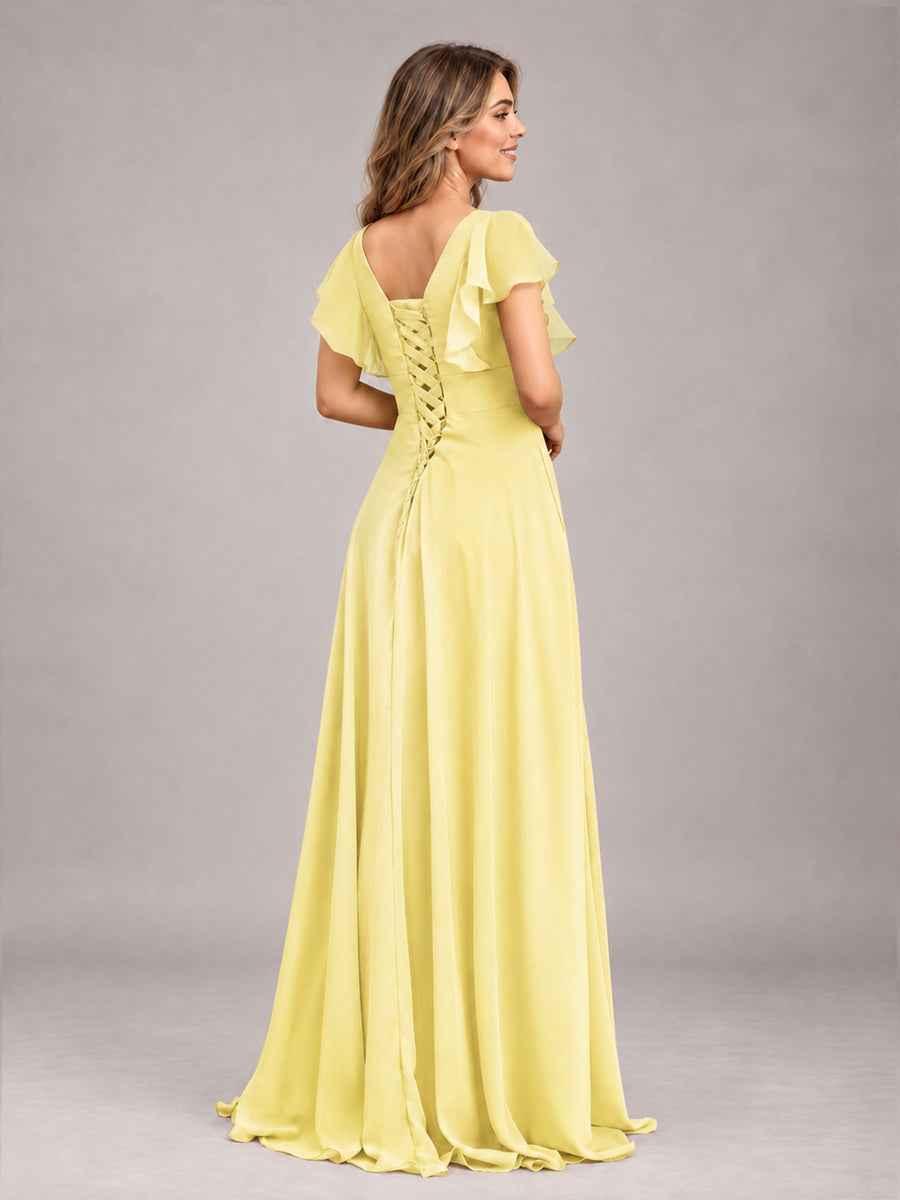 Daffodil Modest V-Neck Ruffles Floor Length Chiffon Bridesmaid Dress